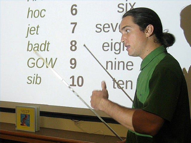 Nick Belvin — pictured during a September visit to Northwood Arts and Science Academy — has safely returned to teaching English as a foreign language to students in Thailand.