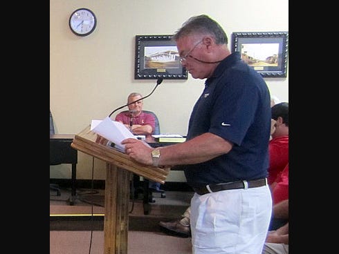 Rory Cassedy, municipal services manager for Allied Waste Services' parent company, Republic Services, addresses the Crestview City Council on Monday about his company's bid to assume trash pick-up service.