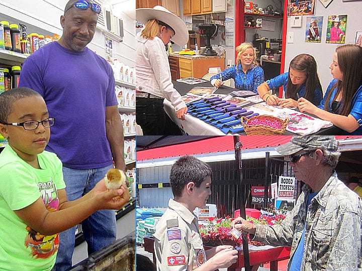 Left, Abraham Duty, 5, cradles a baby chicken in his hands under the watchful eye of his dad, Larry. Top, Nicole Bouleton, 10, Miss Rodeo Okeechobee Princess for 2014, meets the All American Cowgirl Chicks. Bottom, Troop 773 Boy Scout Jonathan Eartosik offers to sell Ace Hardware customer Ron Raybon a Camp Card featuring discounts to area businesses.