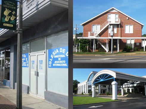 Clockwise from left: New city regulations find “storefront” churches, such as this one, incompatible with plans to revitalize the Main Street district. 
First Presbyterian Church of Crestview could violate city regulations if it continues with plans to replace its education building, left, and renovation exceeds the existing building’s footprint. 
Lifepoint Church is among places of worship affected by downtown regulations limiting proliferation of “storefront” churches.