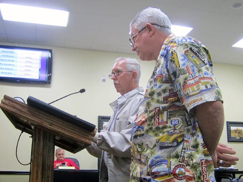 Main Street Crestview Association President Ellis Conner, left, and Spanish Trail Cruisers President Mike Turman request city council support for the April 20 Average Joe Car Show, which this year will be coupled with Main Street's Taste of Crestview restaurant crawl.