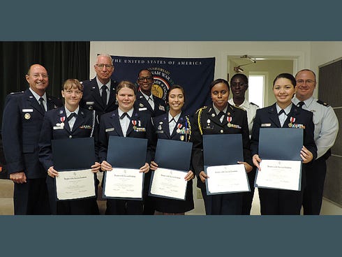 Daughters of the American Revolution's Choctawhatchee Bay chapter honored these JROTC cadets with a Certificate of Recognition and a bronze medal for exemplary leadership and patriotic understanding. Pictured from left are Walton High School JROTC Instructor, Lt. Col. Alan Gardner (Ret.) and Cadet Maj. Ciera Platt; Niceville High School Instructor, Lt. Col. Charles K. Farmer (Ret.) and Cadet 1st. Lt. Alia Ryan; Fort Walton Beach High School JROTC Instructor, Chief Master Sgt. Jacquelin Houston (Ret.) and Cadet Maj. Linda Robin Hoyes; Crestview High School Cadet Sgt. Dominique Couch and Instructor, Chief Warrant Officer JoAnn Dunn (Ret.); and Choctaw High School Cadet Maj. Julia Cruz and Instructor, Major Scott A. Bates (Ret.). Not pictured: Baker School Cadet Jessica Dominquez and Instructor, Col. Mike Ramirez (Ret.)