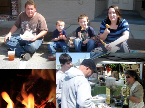 Alabama visitors Aaron Bell and his boys, Andrew, 4, and Jacob, 7, and their aunt Elena Bell of Crestview, found a stretch of Main Street sidewalk to try Triple B Cookoff cuisine. Jacob said he liked the corndog the best. Austin Hobbs and his dad, David, sample The Little Smokehouse’s barbecued brisket served by Sandy Williford. The Williford family won the People's Choice trophy for the third year in a row.