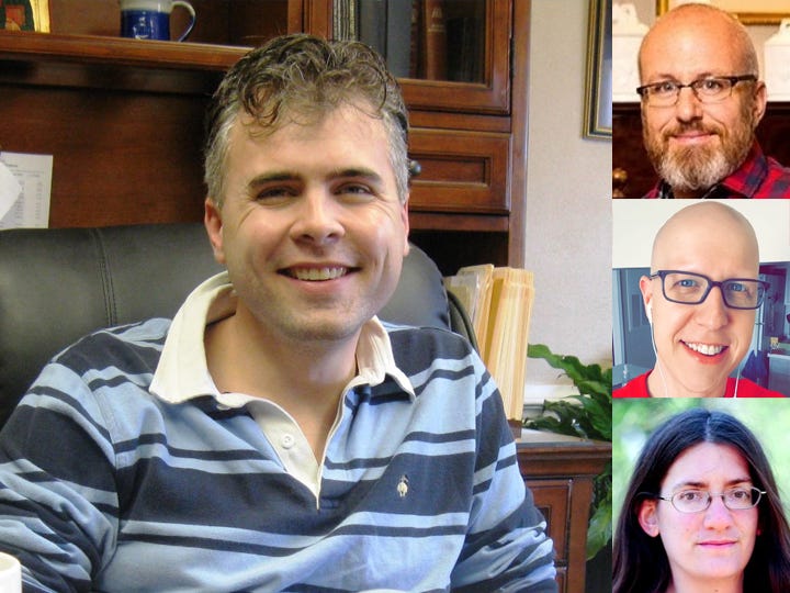 The Rev. Michael Precht, pastor of the First United Methodist Church of Crestview, begins a three-part discussion series next week on “what the gospel means for gay and lesbian Christians.” Joining him are authors (from top) Alan Chambers, Justin Lee and Eve Tushnet.