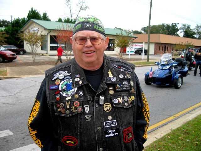 Desert Storm veteran Russ Chamberlain prepares to lead the American Legion Riders in Crestview's Veterans Day parade Saturday morning.