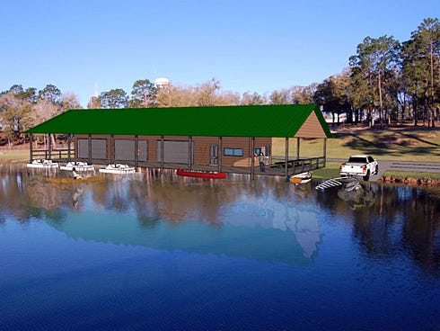 A Crestview Planning Department rendering shows how a boat house with launch and pedal boat rentals might look on the north shore of the west Twin Hills Park pond.