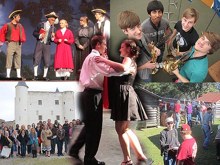 Community and student events and organizations enhanced the Crestview area's livability in 2013. Included were, center, Fred Astaire Dance Studio support for local events; and, clockwise from top left, student theatrical productions, Music at the Library nights, history and heritage at the Baker Block Museum, and Sister City Program exchanges in Noirmoutier, France.