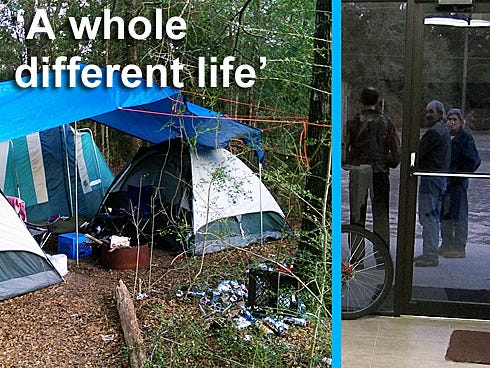 LEFT: Crestview resident James Rowley recently photographed this homeless encampment while hiking with his children in woods near their home. RIGHT: With their bicycles waiting in the foyer, homeless people gather outside Christ Community Church for its cold weather shelter.