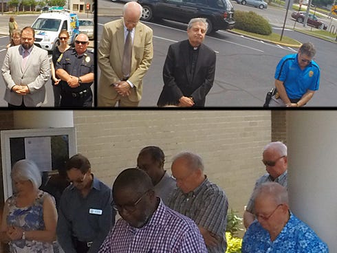 More than 30 Crestview area residents, including a number of city, county and law enforcement officials, united by faith, gathered outside city hall's entrance to sing "God Bless America," listen to guest speakers, and ask for blessings.