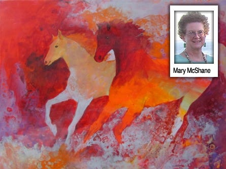 A pair of horses gallop through water in Mary McShane's acrylic "Splash."