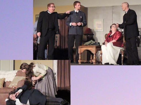 The Rev. Lionel Toop (played by the Rev. Sean Peters) accuses a Russian spy (Jeremy Faust) of being an imposter as Sgt. Towers (Michael Hoppenjan) and Penelope Toop (Meghan Erlacher) look on.
Ida the housekeeper (Courtney Peters) tries to revive Miss Skillon (Nancy Black) in View from the Stage’s weekend production of "See How They Run.”