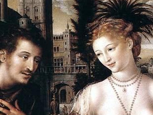 King David's messenger talks to Bathsheba to lure her to the palace so David can have sex with her in this 1562 painting by Jan Matsys.