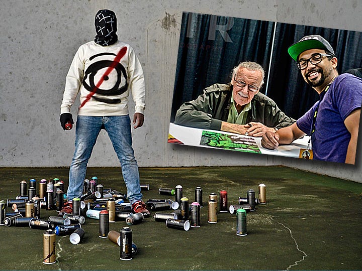 Inset: Former Crestview artist and Okaloosa County high school graduate E.J. Nieves meets legendary Marvel artist Stan Lee at last month's MegaCon in Orlando. Nieves has gained fame as the artist N.E.H.S., whose depictions of superheroes have become popular among patrons.