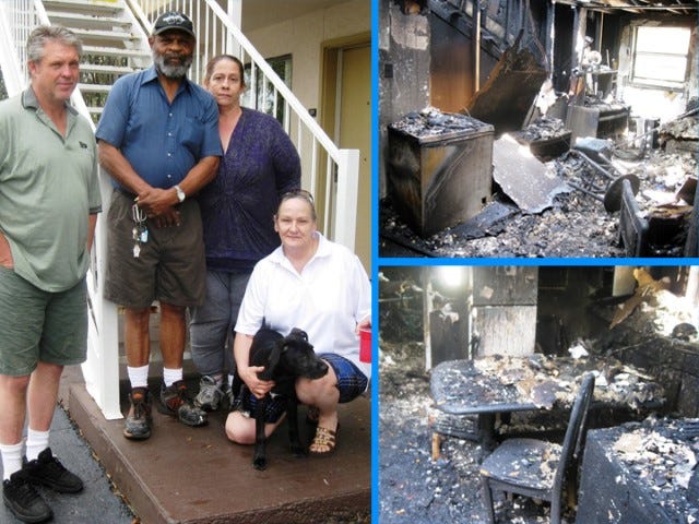 Tim Albaugh, Red Knight, Scherie Green and Beverly Forrester, with family dog Puppy Boy, need help after a Sunday morning fire gutted their Amos Street apartments.