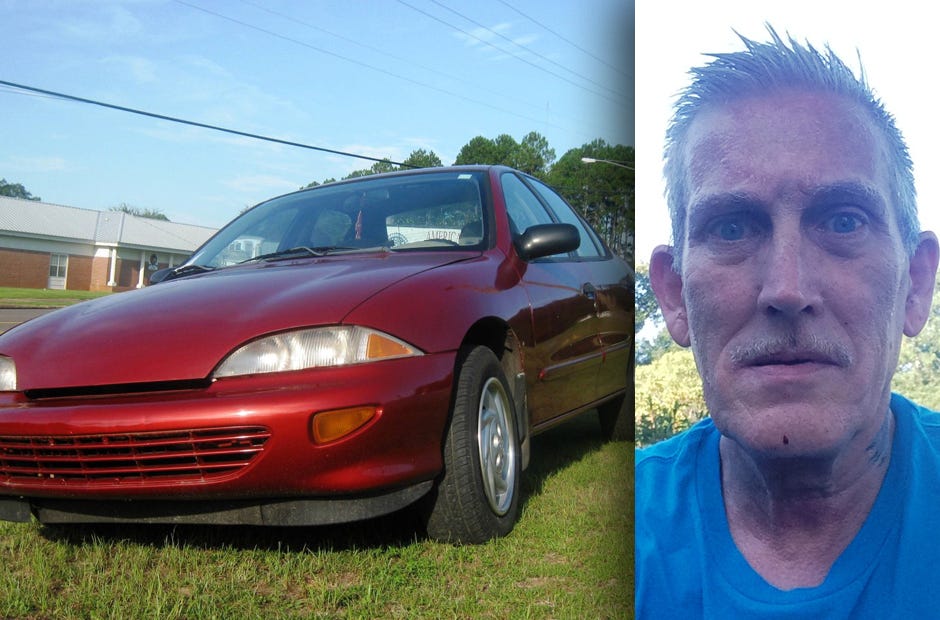 Crestview American Legion Post 75 is raffling off this 1999 Chevrolet Cavalier to raise funds for a cancer-stricken local veteran's new trailer home. 
Inset: Retired Air Force Sgt. Greg Gierhart lives in a leaky former FEMA trailer. Crestview American Legion Post 75 is raffling off Gierhart's 1999 Chevy Cavalier to raise funds to buy him a new camper to live in.