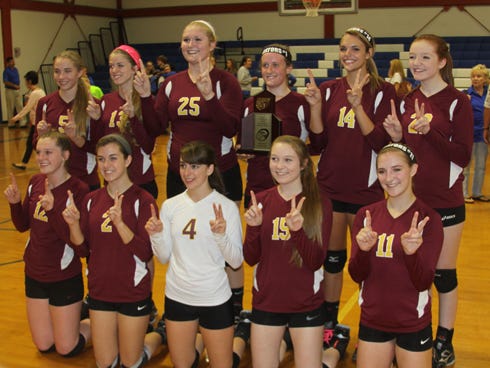Baker School's volleyball team — pictured celebrating its 12th consecutive district championship last year — goes for No. 13 this year, and will open tournament play Tuesday against the winner of the Laurel Hill-Northview match.