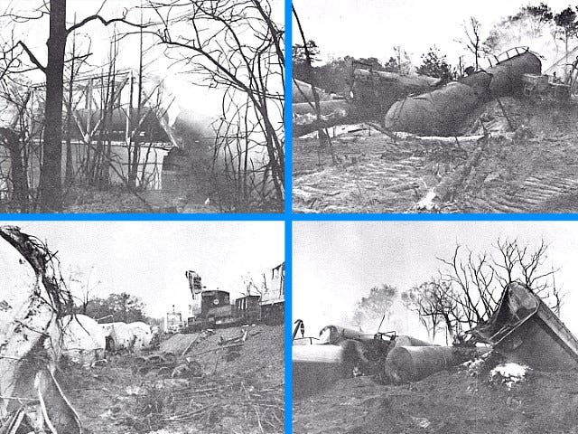 Clockwise from top left, Tank cars carrying methanol are derailed on the Yellow River trestle while a phenol tanker toppled onto the eastern bridge support after the east approach span was destroyed. An acetone tanker continued to burn the day after the April 8, 1979, derailment. Derailed ammonia tankers are seen during moving operations days following the train wreck. Viewed west toward the Yellow River trestle, center rear, an L&N Railroad crane begins salvage operations. The white derailed tankers on the left held anhydrous ammonia.