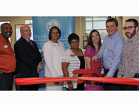 Attending the VetSuccess Center's May 14 grand opening were, as follows: Thomas Tucker, Disabled Veteran Outreach Program, specialist, CareerSource Okaloosa/Walton, Fort Walton Beach; Dr. Ty Handy, Northwest Florida State College president; Deborah Mobley, Disabled Veteran Outreach Program specialist, CareerSource Okaloosa/Walton, Fort Walton Beach; Beatrice Love-Moore, Okaloosa County Veterans Service Office director, Fort Walton Beach and Crestview; Rebecca Baisden, VetSuccess on Campus counselor, University of West Florida, Military and Veterans Resource Center, Pensacola; Randy Lanier, VetSuccess on Campus counselor, Northwest Florida State College, Student Service Center; and Mark Ballou, readjustment counselor, Okaloosa County Vet Center, Shalimar.