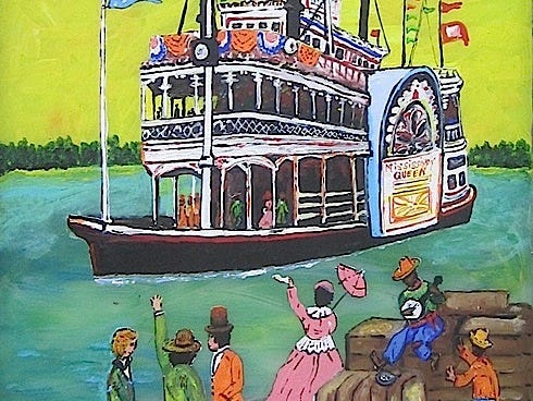 Riverfolk greet the sidewheeler “Mississippi Queen” as it pulls into a landing in Toby Hollinghead’s painting.