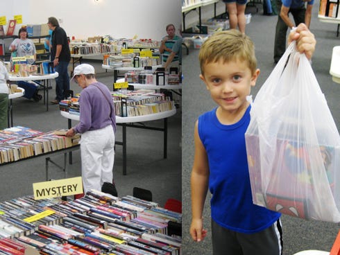 LEFT: Organizers say the book sale’s new Warriors Hall venue meets the event's space needs compared with the Crestview Public Library, its former location. RIGHT: Dawson Jones, 5, displays children’s books he selected during Friday night's “early bird” opening of the Friends of the Crestview Library Book Sale.