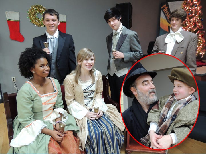 From left, Caycia Daniels, Matthew Gray, Elizabeth Campbell, Douglas Black and Robert Black sing "A Toast to Uncle Scrooge" in this weekend'sproduction of "A Christmas Carol." Inset, Nick Trolian and Allie Howard portray Ebenezer Scrooge and Tiny Tim, respectively.