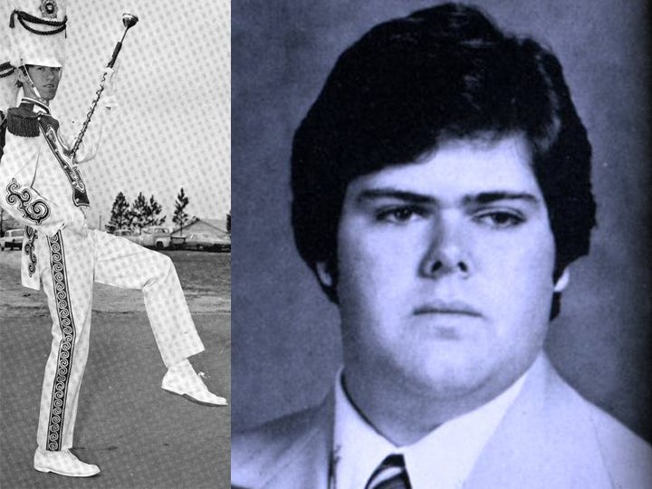 Among founding members of the new Crestview High alumni band association are 1968-69 drum major Al Aplin and Graham Fountain, shown in his 1979 yearbook photo.