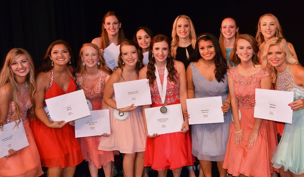 Thirteen young women from throughout Okaloosa County participated in the Distinguished Young Woman of Okaloosa County program for 2017, including Crestview residents Hannah Nelson and Katelyn Roye. Front, from left: Caitkin Hart, Katie Schenck, Nelson, Lauren Hutson, Bailey Propps, Nathalie Crespin, Allison LaMay and Kerri Kriech. Back row, from left: Evelina Teran, Allison Platt, Julia Turner, Roye, and Catherine Parker.