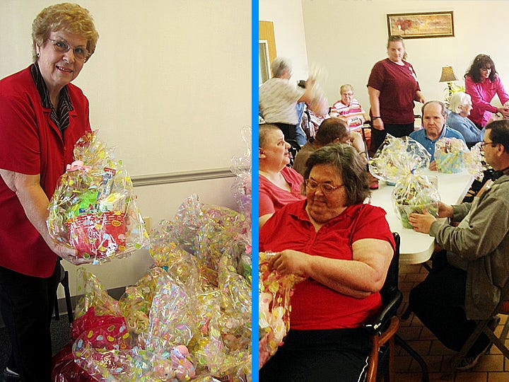 Left, Jackson Hewitt senior tax preparer Shirley Perring adds an Easter basket to those awaiting delivery in the company's lobby for distribution to area assisted living residents. Right, Crestview Manor residents enjoy looking through their "baskets of blessings" April 3.