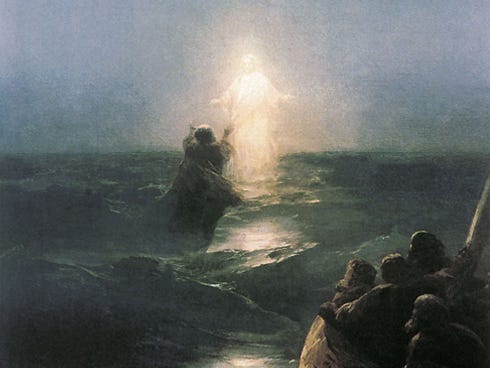 This partially cropped version of "Jesus Walks on Water," by Ivan Aivazovsky (1888), depicts a familiar scene from the Bible. The Rev. Richard Helms says he imagines Christ weathering the elements to rescue his children as no easy feat. "I need a fighting savior; one who has been touched by disappointment and heartache, loss, and anything else life has to throw at me," he says.
