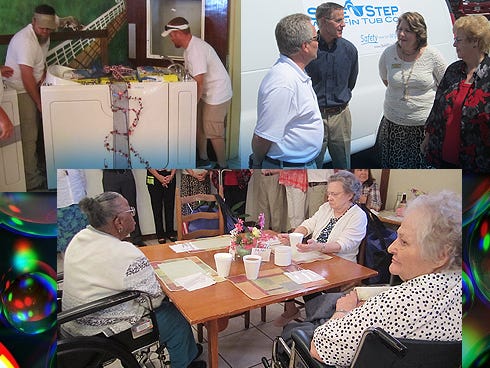 Top left: Safe Step Walk-In Tubs technicians deliver the second of two tubs the company donated this morning to Crestview Manor. Top right: Crestview Manor Director Beck Brice-Nash, second from right, and Jackson Hewitt volunteer Shirley Perring welcome Safe Step Walk-In Tubs President Mike Duffer and CFO Stuart Hall to the assisted living facility. Bottom: Clockwise from left, Crestview Manor residents Betty Donald, Helen Coates and Betty Mutual receive news of the donation of two new walk-in tubs for their facility.