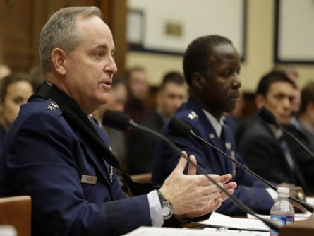 Air Force Chief of Staff Gen. Mark Welsh III, left, and Air Force Gen. Edward Rice, Jr., testifies on Capitol Hill in Washington, Wednesday, Jan. 23, 2013, before a House Armed Services Committee hearing on sexual misconduct by basic training instructors at Lackland Air Force Base.