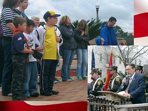 LEFT: Residents “Stand Up and Say the Pledge” Monday during the Exchange Club of Crestview’s annual midday ceremony. RIGHT: Crestview Mayor David Cadle invites the Emerald Coast Young Marines to present the colors during Monday’s ceremony.