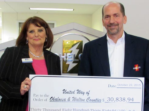 Steve Rhodes, CHELCO DeFuniak CEO, presents a check for $30,838.94 to Ronda Davenport of United Way. The company participated in the UW Pacesetter Campaign.