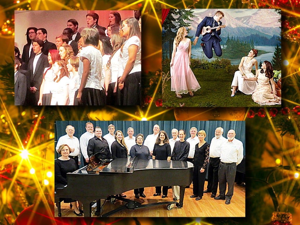 Clockwise from top left: The Crestview High School chorus and its ensembles present their annual Christmas concert Dec. 9, and yes, there will be “Fruitcake.” Grandchildren of Capt. Georg and Maria von Trapp join Sinfonia Gulf Coast for an “Orchestra Holiday” Dec. 12. The recently-expanded Schola Cantorum community choir presents the Crestview performance of “The Marvel of This Night” Dec. 10.