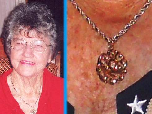 Barbara Adams, pictured wearing her lost pendant, says the jewelry was made of rings that once belonged to former Crestview mayor Purl Adams’ mother. The lost pendant is about an inch in diameter.