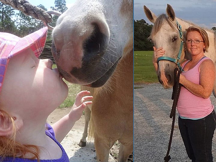 Left, Isabella Peters, 3, receives a nuzzle from Firefly, her miniature pony, on her family's Silent Hooves Horse Farm in Holt. Right, Lexi Peters, pictured with one of her horses, cofounded the farm's Hooves for Heroes equine assistance therapy program.