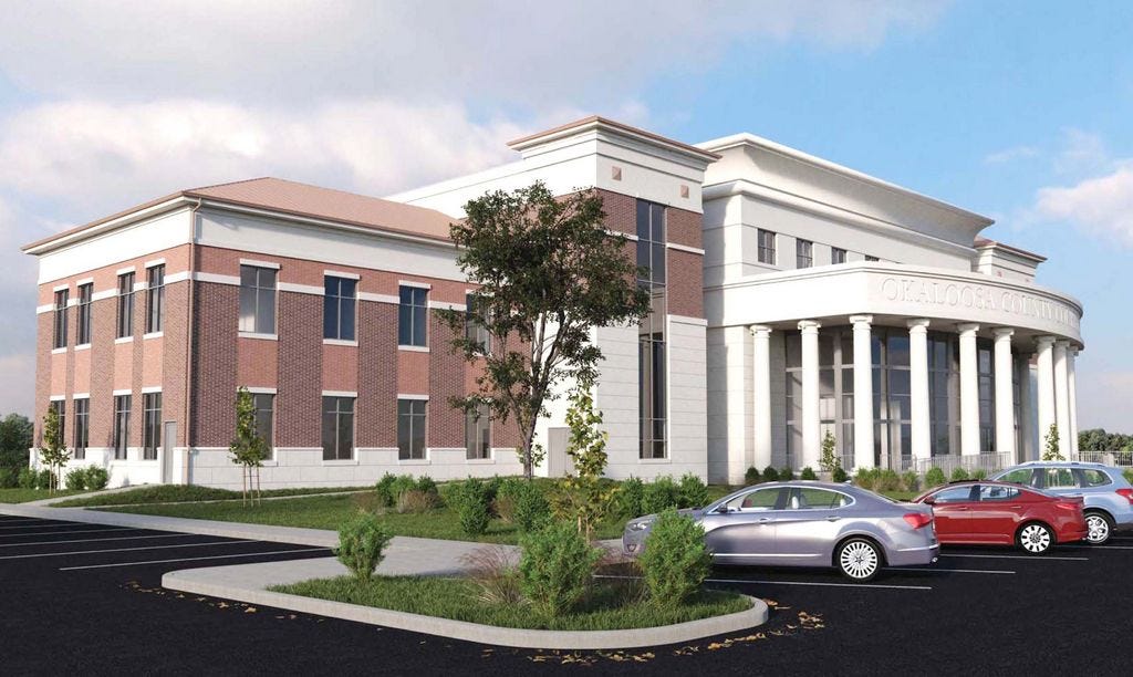 This artist's rendering depicts the preliminary design of the new Okaloosa County Courthouse, which will replace the current facility and face Main Street in downtown Crestview.