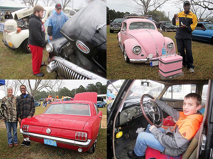 Clockwise from top left, Crestview High School junior Trevor Vaughn chats with Jerry Cunningham, who explains the details of his newly acquired 1951 Buick Eight Special. Clyde Fahie displays one of his native Virgin Islands' popular exports as he poses beside his "pride and joy," a 1955 Volkswagen Beetle. Laurel Hill resident Charlie Beck, 12, settles comfortably behind the wheel of Cunningham's 1951 Buick Eight Special. Richbourg E.S.E. School teacher Karen Wooten and student Jovontae Griffin stand next to a classic 1966 Mustang Coupé being raffled to benefit Richbourg and Silver Sands Schools.