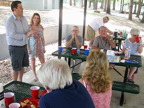 Jeremy Ribando, Northwest Florida State College Humanities, Fine and Performing Arts department chair, and his wife Ashley discuss upcoming exchanges with residents of Crestview's sister city, Noirmoutier, and the University of Nantes, France.