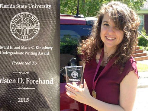 Crestview resident Kristen Forehand holds the Edward H. and Marie C. Kingsbury Award she won for her Florida State University thesis. Students who complete an honors thesis also are presented with a medallion from the university.