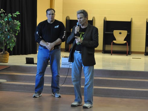Martin Kove, famous for his role of John Kreese in the original “The Karate Kid” films, is an actor, director and producer. He spoke to Shoal River Middle School sixth-graders and Davidson Middle School students Friday about handling bullying situations. Kove is joined by Thomas Gordon, left.