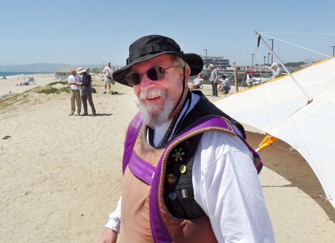 Crestview resident Neil Larson prepares to take his first hang gliding flight in 35 years during Otto 45, the 45th anniversary of the world's first hang gliding gathering. The event took place May 22 at Dockweiler hang gliding facility near Los Angeles.