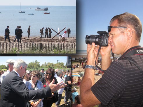 Top left: Authentically costumed World War II re-enactors portray German occupiers, French policemen and civilians during a recreation of Noirmoutier's liberation. Bottom left: U.S. Air Force Col. Don Bohler (Ret.) speaks with fellow Crestview visitors Pat Hollarn and Phyllis Enzor prior to the unveiling of a memorial to U.S. Airmen who crash-landed on Noirmoutier. Right: Crestview visitor Chris Embree focuses on the "Sally B,” a Boeing B-17G Flying Fortress built in 1945.