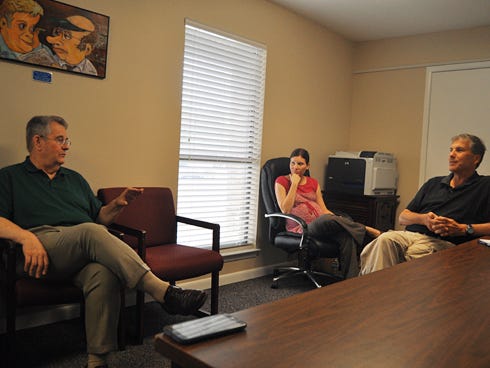Sen. Don Gaetz answers a question from Crestview News Bulletin reporter Brian Hughes during an interview this afternoon with the staff.