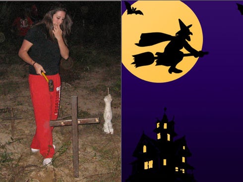 Crestview High School cheerleader Erin Davis, 15, hammers a wooden cross into the ground for a haunted forest near John King Road.